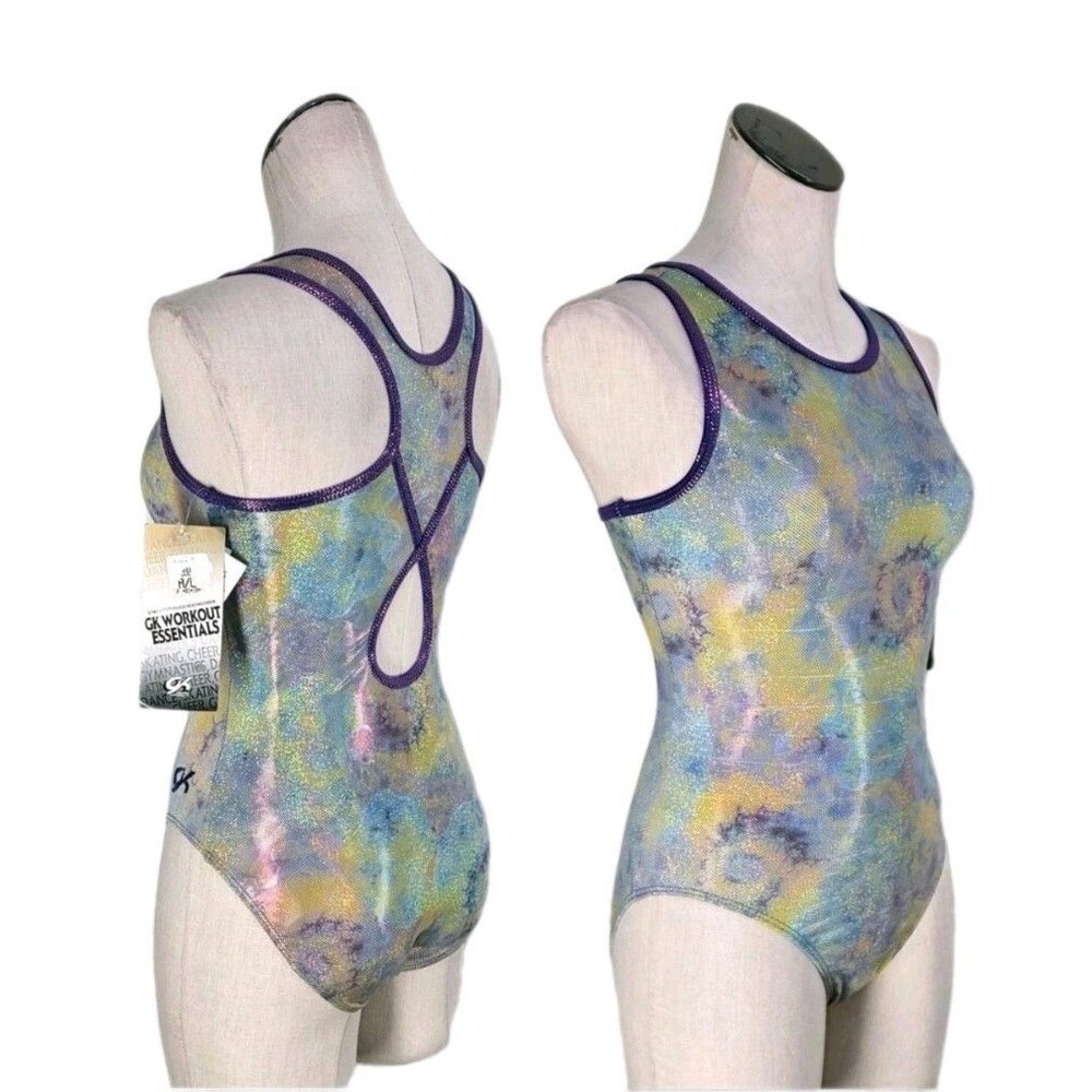 GK Pastel Watercolor Metallic Tank Bodysuit with Purple Trim